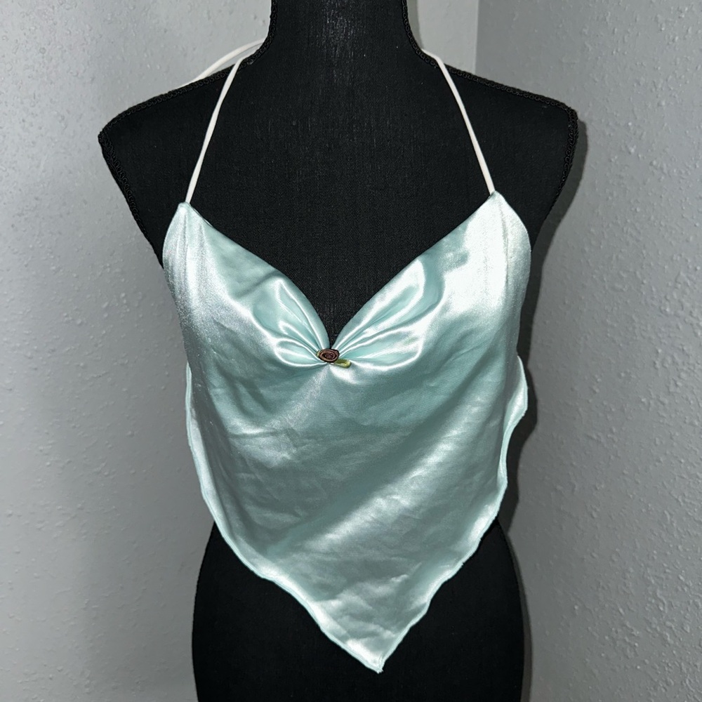 Satin Triangle Halter Top in Pale Aqua